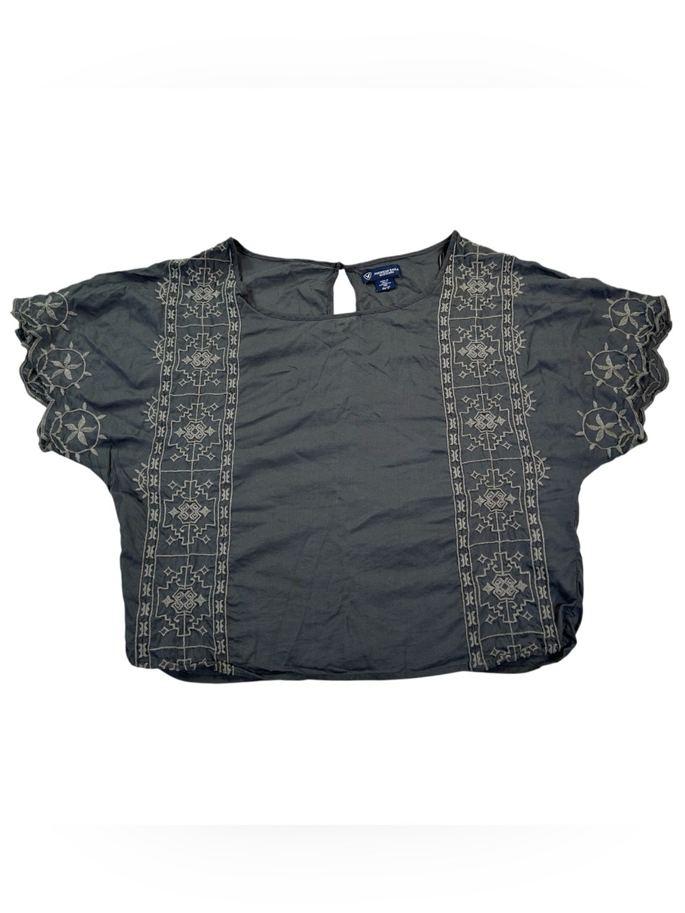 American Eagle Women’s S Embroidered Boho Peasant Blouse Charcoal Dolman